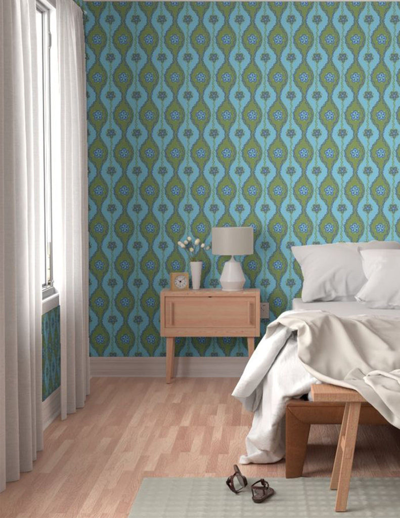 Folk Floral -  Wallpaper - Blue & Green