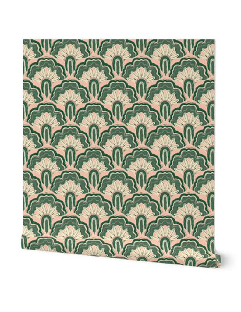 Deco Peacock -  Wallpaper - Coral, Pink & Green