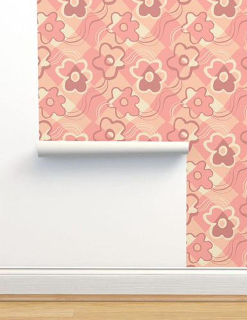 Check Floral -  Wallpaper - Mauve & Brown