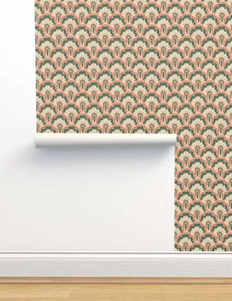 Deco Peacock -  Wallpaper - Coral, Pink & Green